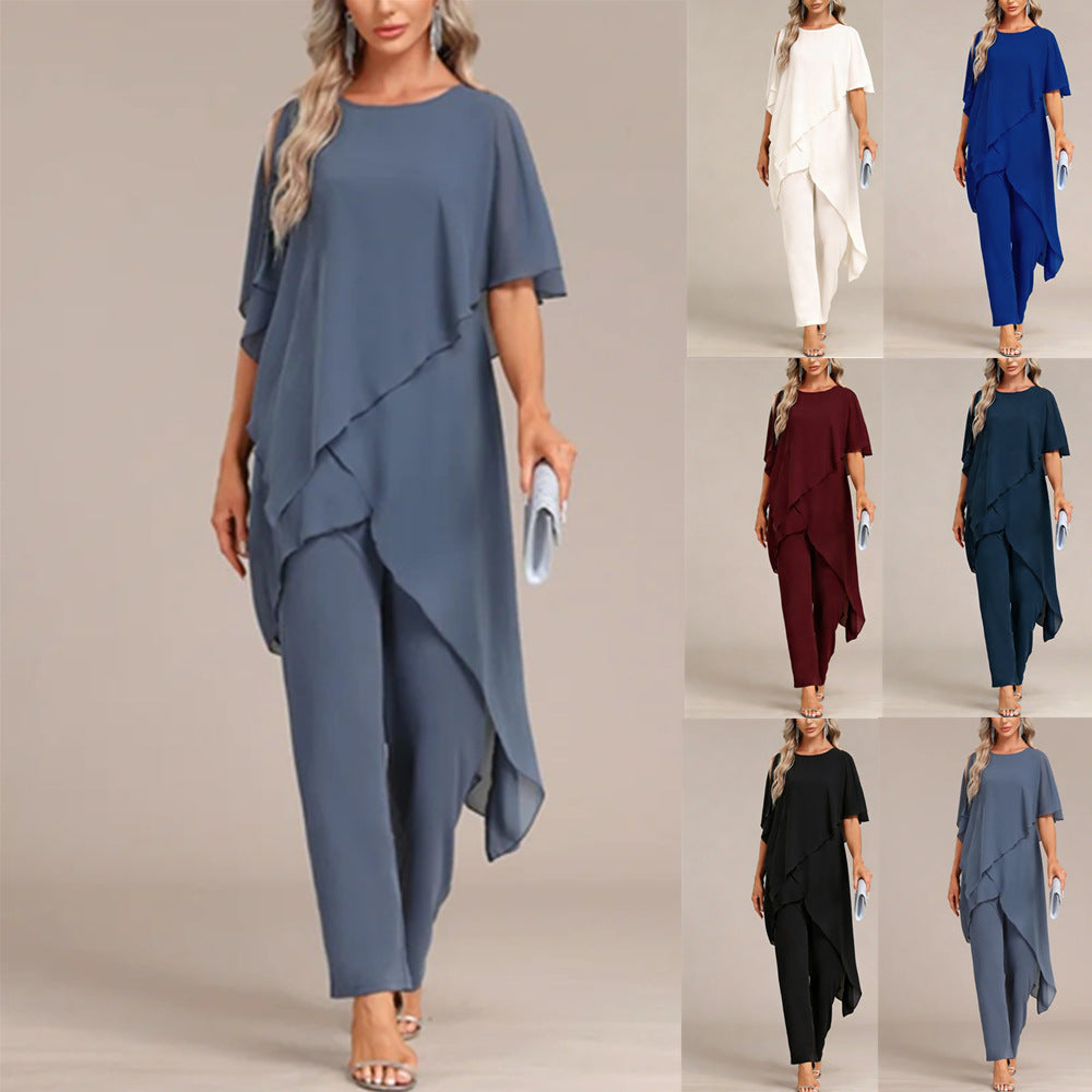 Ensemble deux pièces pour femme : haut asymétrique à épaules dénudées et pantalon Maison Taw'am