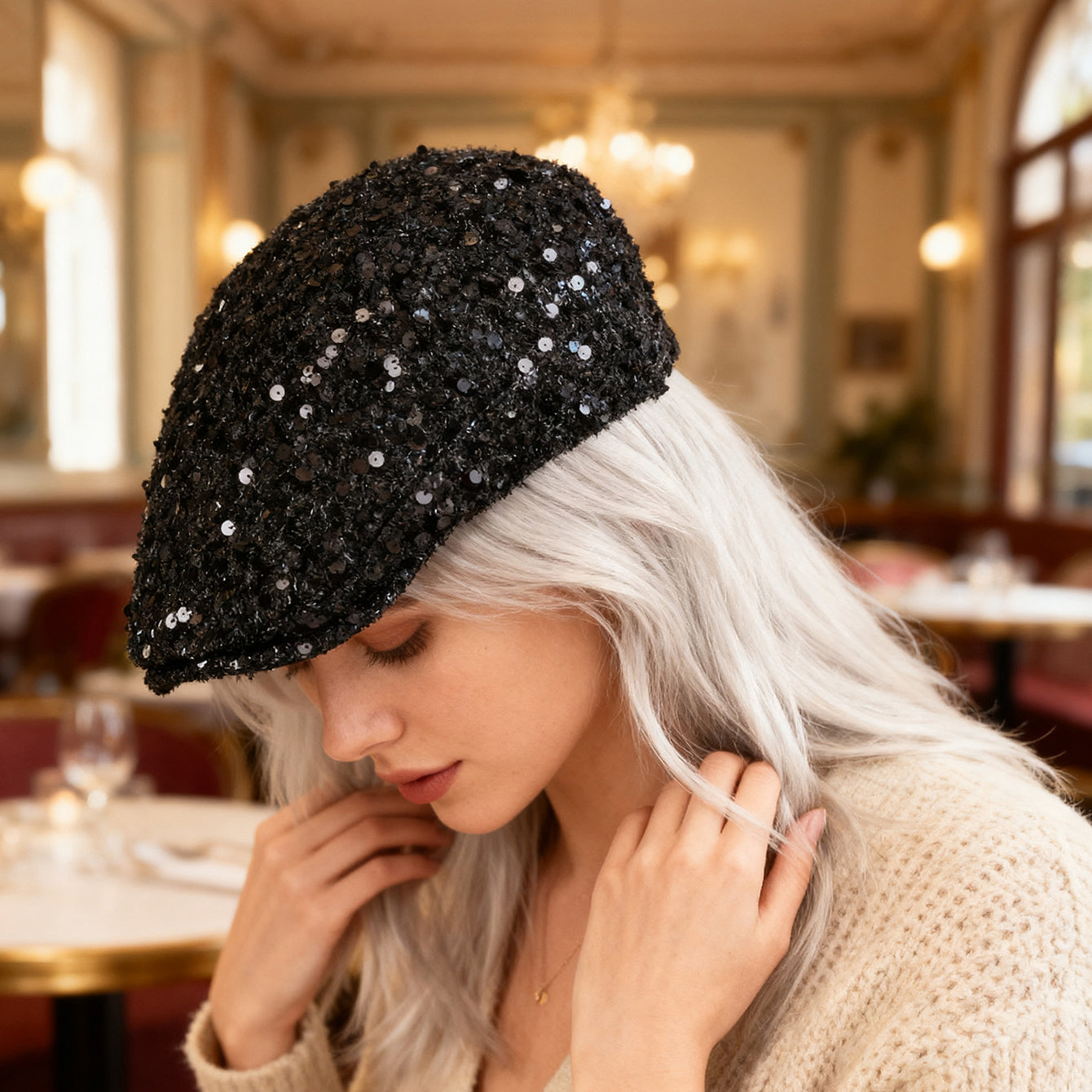 Fashionable Plain-color Sequined Forward Hat - Classic And Versatile, With Lustrous Petal-like Brim. Suitable For Stage Performances. Maison Taw'am