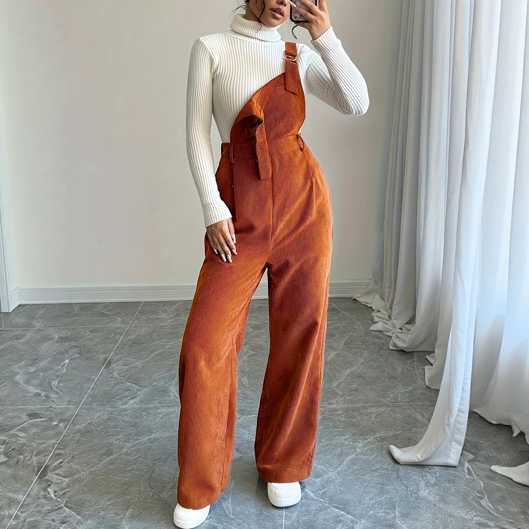Corduroy Loose Straight Bib Pants Women Maison Taw'am