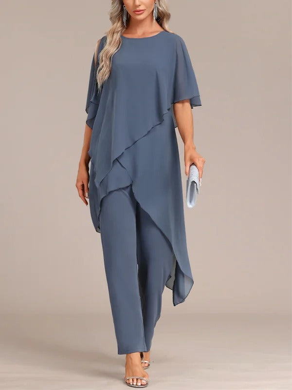 Ensemble deux pièces pour femme : haut asymétrique à épaules dénudées et pantalon Maison Taw'am